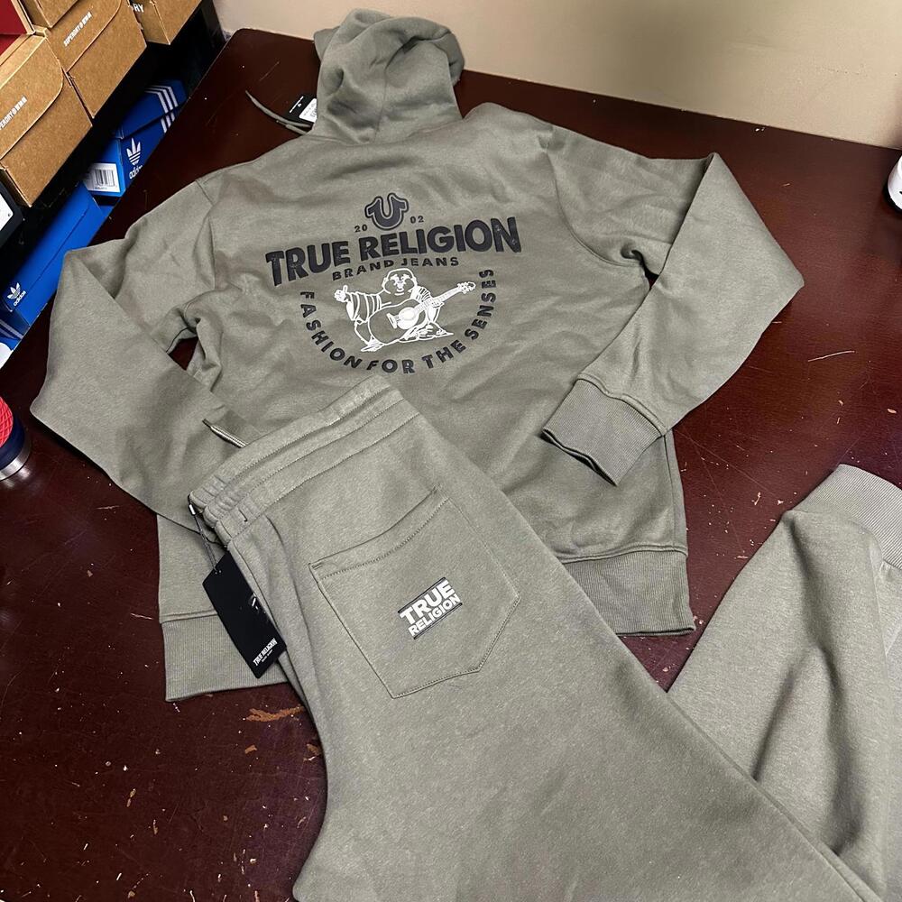 True religion, men’s olive green pullover hoodie, sweatsuit large - Picture 3 of 7